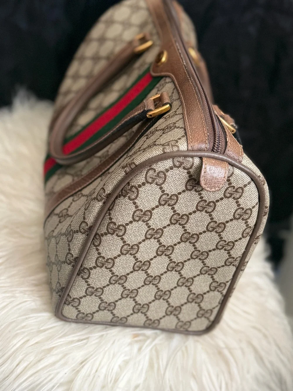 Gucci Brown GG Canvas Tote with Green and Red Stripe